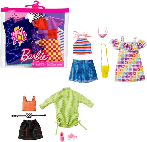 Barbie Fashions 2-Pack Clothing Set, 2 Outfits for Barbie Doll Includes Off-The-Shoulder Butterfly Print Dress, Butterfly Tank & Blue Shorts & 2 Accessories, Gift for Kids 3 to 8 Years Old