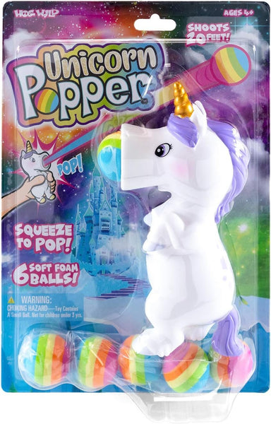 Hog Wild White Unicorn Popper Toy - Shoot Foam Balls Up to 20 Feet - 6 Rainbow Balls Included - Age 4+