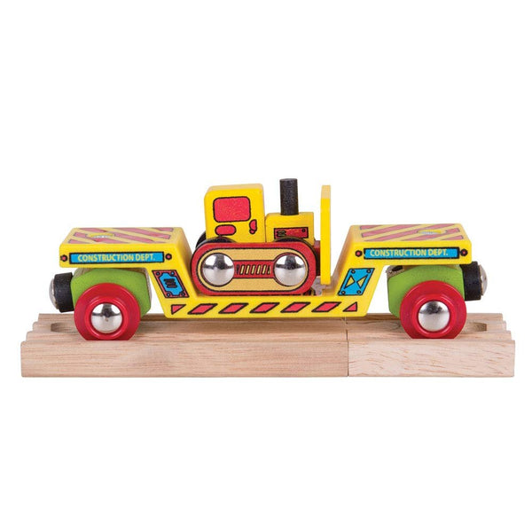 Bigjigs Rail Wooden Bulldozer Low Loader Train Car - Magnetic Construction Toy, Compatible with Most Major Wooden Railway Brands, Includes Detachable Bulldozer & Track Piece, Ages 3+