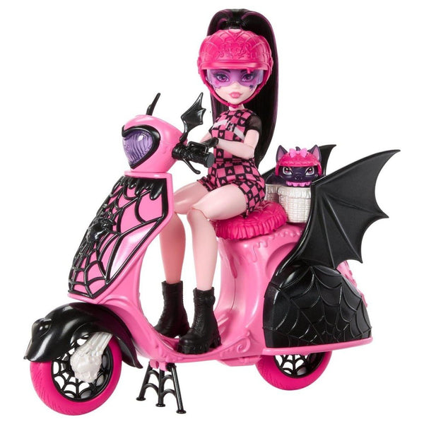 Monster High Draculaura Vamptastic Scooter Doll & Vehicle Playset - 10.5" Fashion Doll with Matching Helmets, Rolling Scooter with Kickstand & Basket, Includes Count Fabulous Pet Bat, Ages 4+