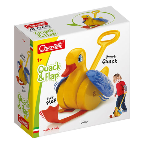 Quercetti Quack & Flap Duck Push Toy for Toddlers – Flapping Wings & Quack Sounds, Push-Along Walker Toy for First Steps, Ages 1-3, Durable Yellow Plastic