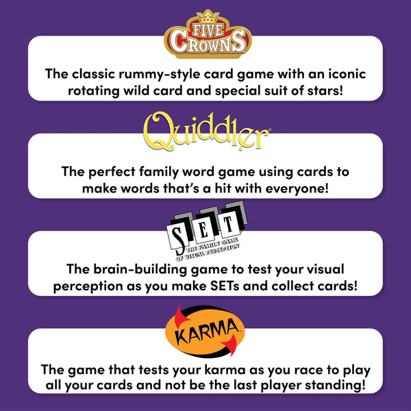 PlayMonster Five Crowns Collection 4-Game Bundle - Five Crowns, SET, Quiddler, and Karma Card Games, 1+ Players Ages 8+