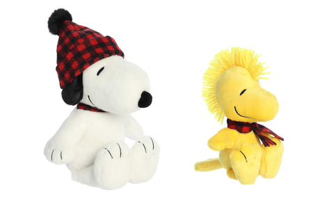 Aurora Festive Peanuts 2 Piece Plaid Plush Bundle, 10 inch Snoopy and 6 inch Woodstock