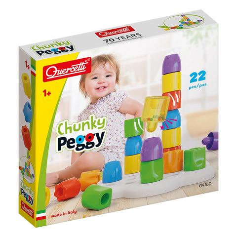 Quercetti: Chunky Peggy - 22pc Peg Blocks Stacking Toy, Shapes Sorting Set, Colorful Building, Rattle Block, Original Daisy Basket, Baby & Toddler 1+