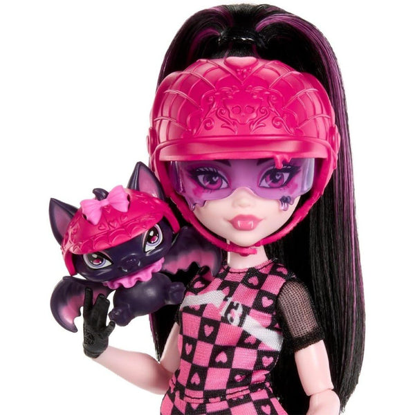 Monster High Draculaura Vamptastic Scooter Doll & Vehicle Playset - 10.5" Fashion Doll with Matching Helmets, Rolling Scooter with Kickstand & Basket, Includes Count Fabulous Pet Bat, Ages 4+