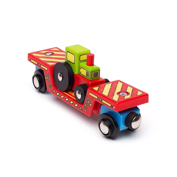 Bigjigs Rail Wooden Tractor Low Loader Train Car - Magnetic Construction Toy, Compatible with Most Major Wooden Railway Brands, Includes Detachable Tractor & Track Piece, Ages 3+