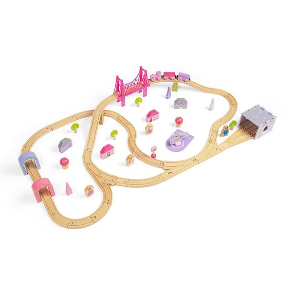 Bigjigs Rail Fairy Town Wooden Train Set | Railway Toy for Kids Age 3+ | Wood Track with Model Fairytale Village | Comes with Pink Wood Accessories & Figures | Educational Gift for Girls and Boys