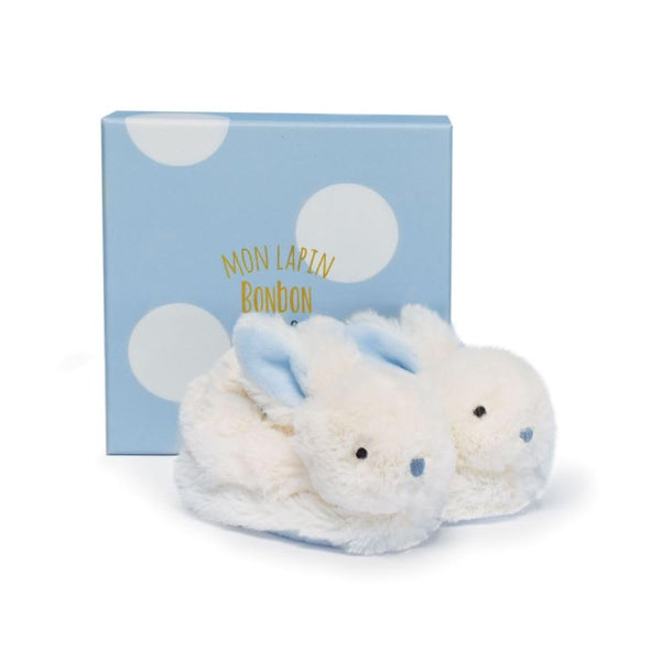 Doudou et Compagnie Blue Bunny Booties with Rattle – Baby Slippers Gift Set, Soft Bunny Design, 0-6 Months (DC1309)