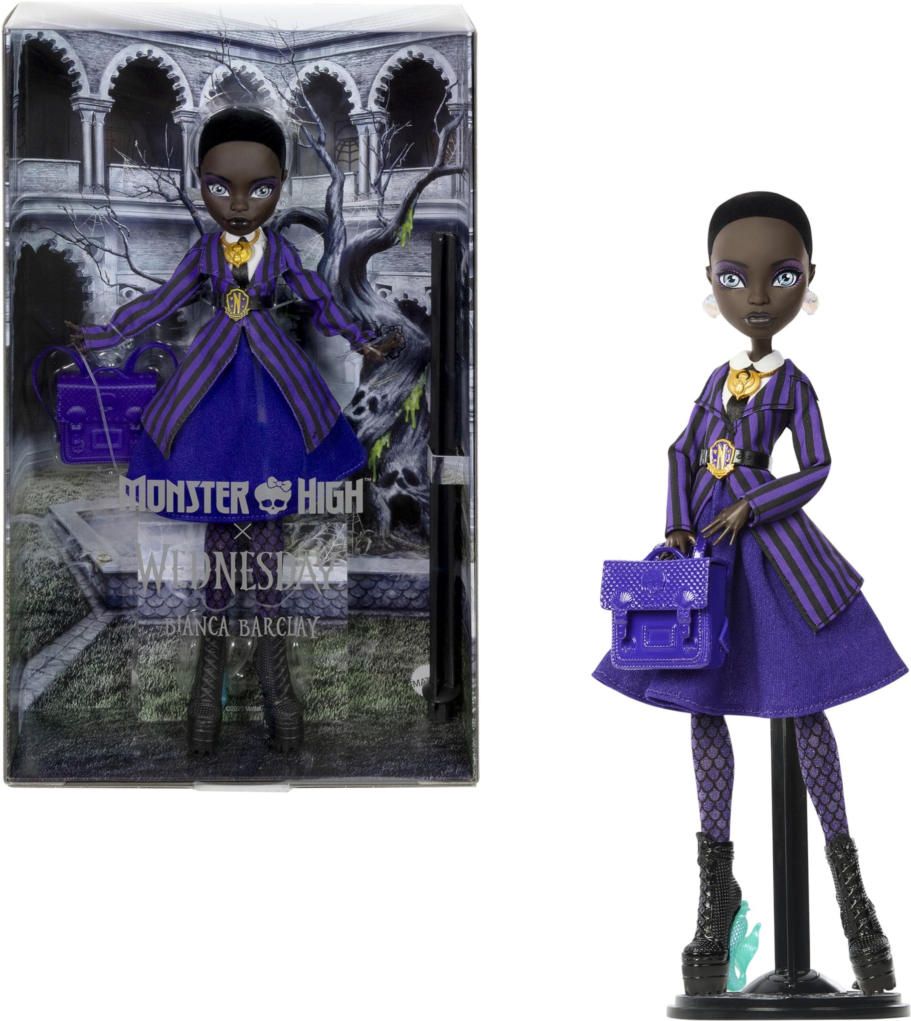 Monster High x Wednesday Doll and Accessories, Bianca Barclay Collectible in Nevermore Academy Uniform with Siren Amulet, Backpack and Doll Stand