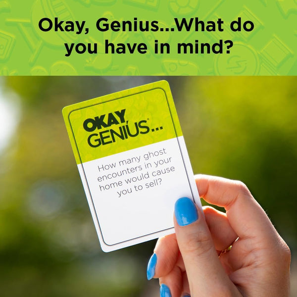 PlayMonster Okay, Genius… What Do You Have in Mind?! – Share Your Opinions on Ridiculous Topics, Funny Family & Friends Party Card Game, 3+ Players, Ages 14+, Includes 300 Prompt Cards & Dry-Erase Board