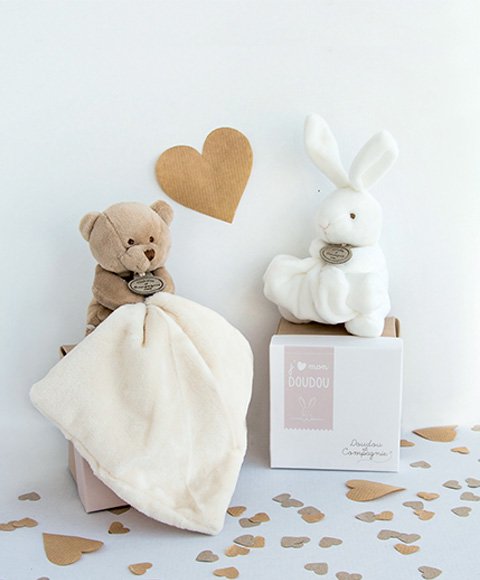 Doudou et Compagnie Bunny Comfort Blanket with Flower Gift Box, White Bunny Security Blanket Plush, 10 cm / 3.9 in, Soft Baby Lovey for Newborns