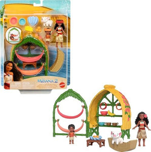 Mattel Disney Moana 2 Toys, Moana & Simea Village Home Playset with 2 Small Dolls, Pua Figure & 15 Accessories