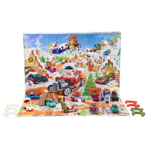 Hot Wheels Toy Cars & Playset, 2025 Advent Calendar with 10 Vehicles in 1:64 Scale, 10 Ornament Clips & 14 Winter-Themed Accessories