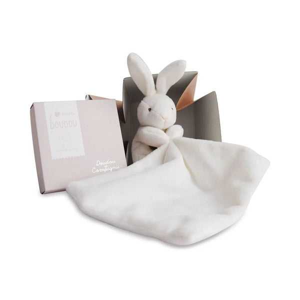 Doudou et Compagnie Bunny Comfort Blanket with Flower Gift Box, White Bunny Security Blanket Plush, 10 cm / 3.9 in, Soft Baby Lovey for Newborns