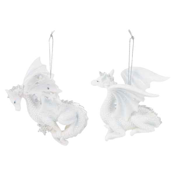 Kurt Adler Silver and White Snowflake Dragon Ornaments Set of 2 New Christmas, 4.5in