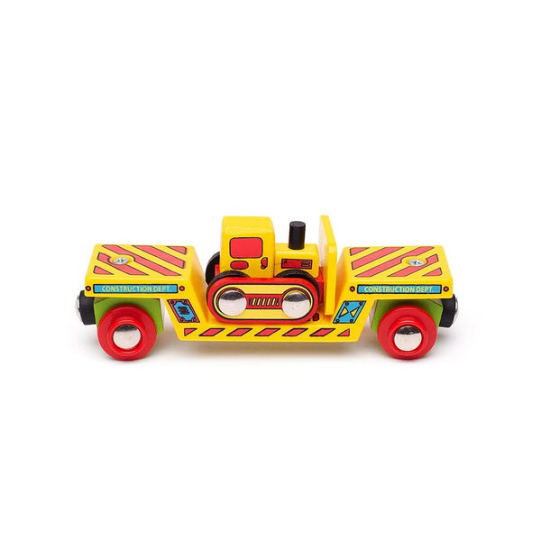 Bigjigs Rail Wooden Bulldozer Low Loader Train Car - Magnetic Construction Toy, Compatible with Most Major Wooden Railway Brands, Includes Detachable Bulldozer & Track Piece, Ages 3+