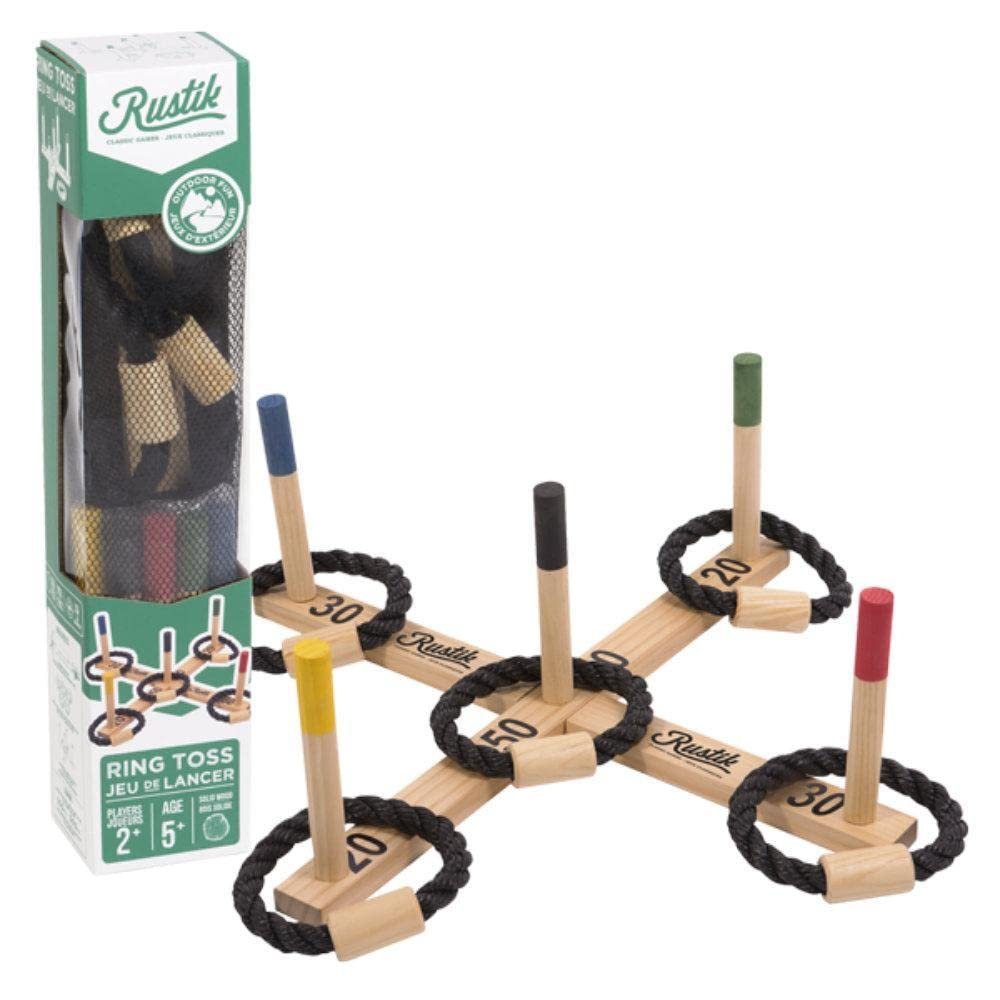 Rustik Ring Toss Classic Game Set - Solid Wood Outdoor Family Backyard Lawn Game, Travel Storage Bag, 2+ Players Ages 6+