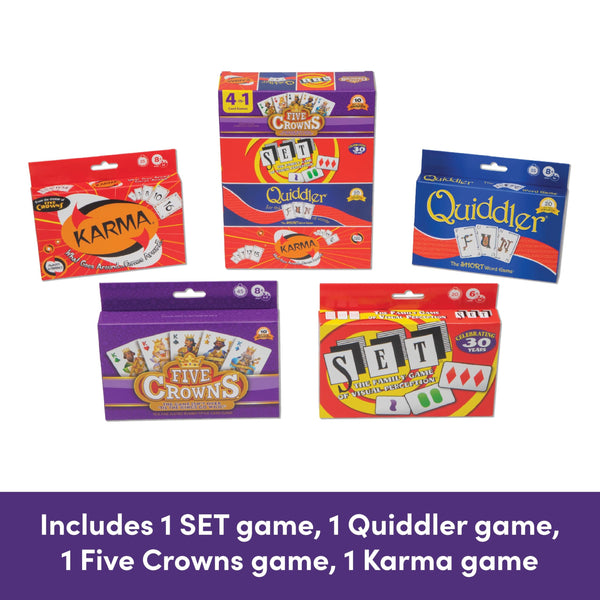 PlayMonster Five Crowns Collection 4-Game Bundle - Five Crowns, SET, Quiddler, and Karma Card Games, 1+ Players Ages 8+