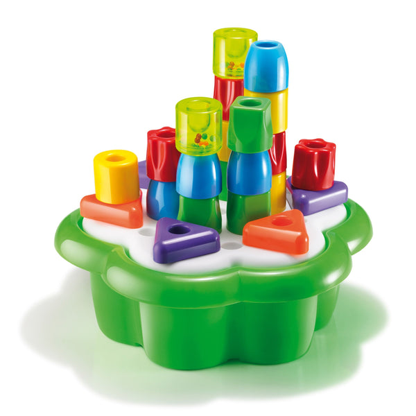 Quercetti Chunky Peggy 28-Piece Peg Blocks Stacking Toy – Jumbo Shape Sorting & Stacking Set for Babies & Toddlers 1+ with Built-in Daisy Basket Storage & 2 Rattles