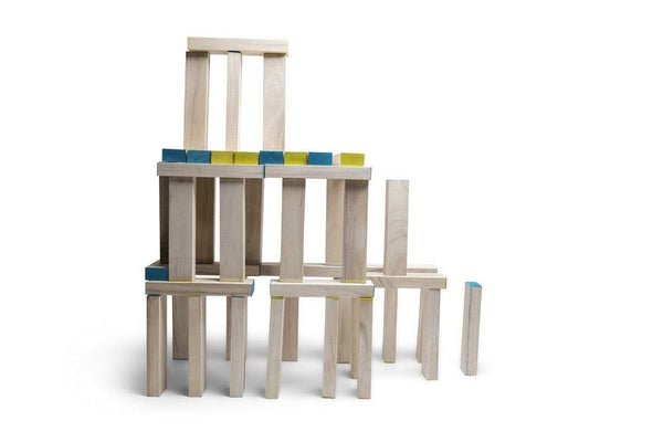 BS Toys Large Tower Wooden Block Stacking Game - Giant Paulownia Wood Blocks, Natural/Blue/Green, 60 Blocks + Color-Coded Die & Cotton Bag, Ages 4+ (GA277)