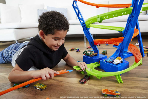 Hot Wheels Action Spiral Speed Crash Track Set, Powered by Motorized Booster 29-in Tall Track with 1:64 Scale Toy Car, Ages 5+