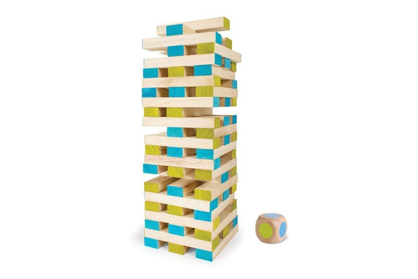 BS Toys Large Tower Wooden Block Stacking Game - Giant Paulownia Wood Blocks, Natural/Blue/Green, 60 Blocks + Color-Coded Die & Cotton Bag, Ages 4+ (GA277)