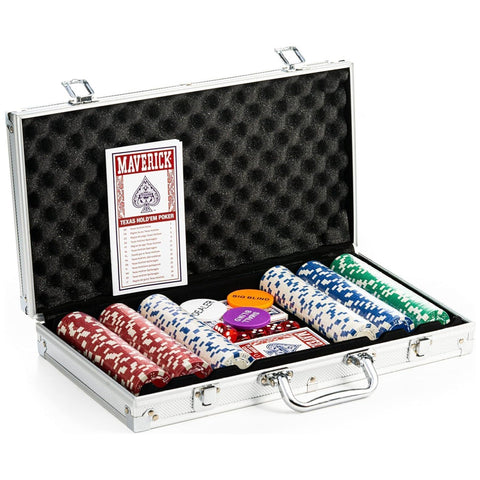 Maverick Texas Hold 'Em Poker Set with Aluminum Case, 300 11 Gram Casino Poker Chips, 2 Decks of Maverick Playing Cards, 5 Red Dice, and 3 Buttons Casino Game for Adults