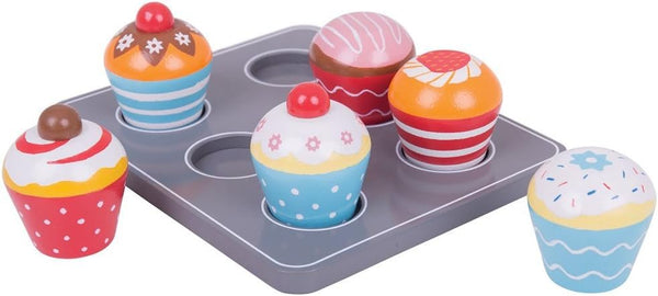 Bigjigs Toys Wooden Cupcakes Muffin Tray – 6 Colorful Wooden Muffins & Serving Tray – Pretend Play Food Set for Kids, Ages 3+