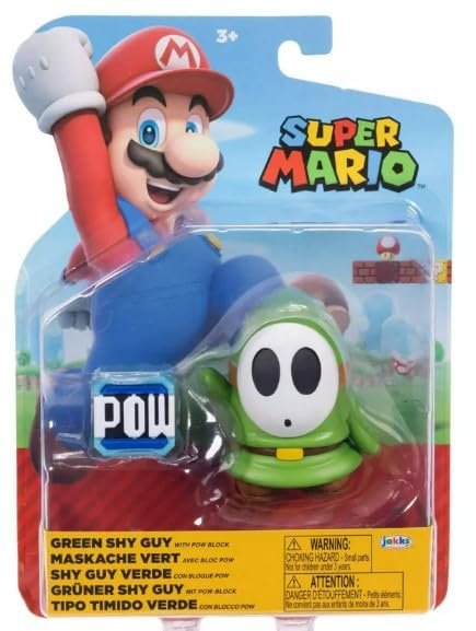 JAKKS Pacific Super Mario 4 Inch Green Shy Guy Action Figure with with POW Block, 11 Points of Articulation, Collectible Nintendo Toy, Ages 3+