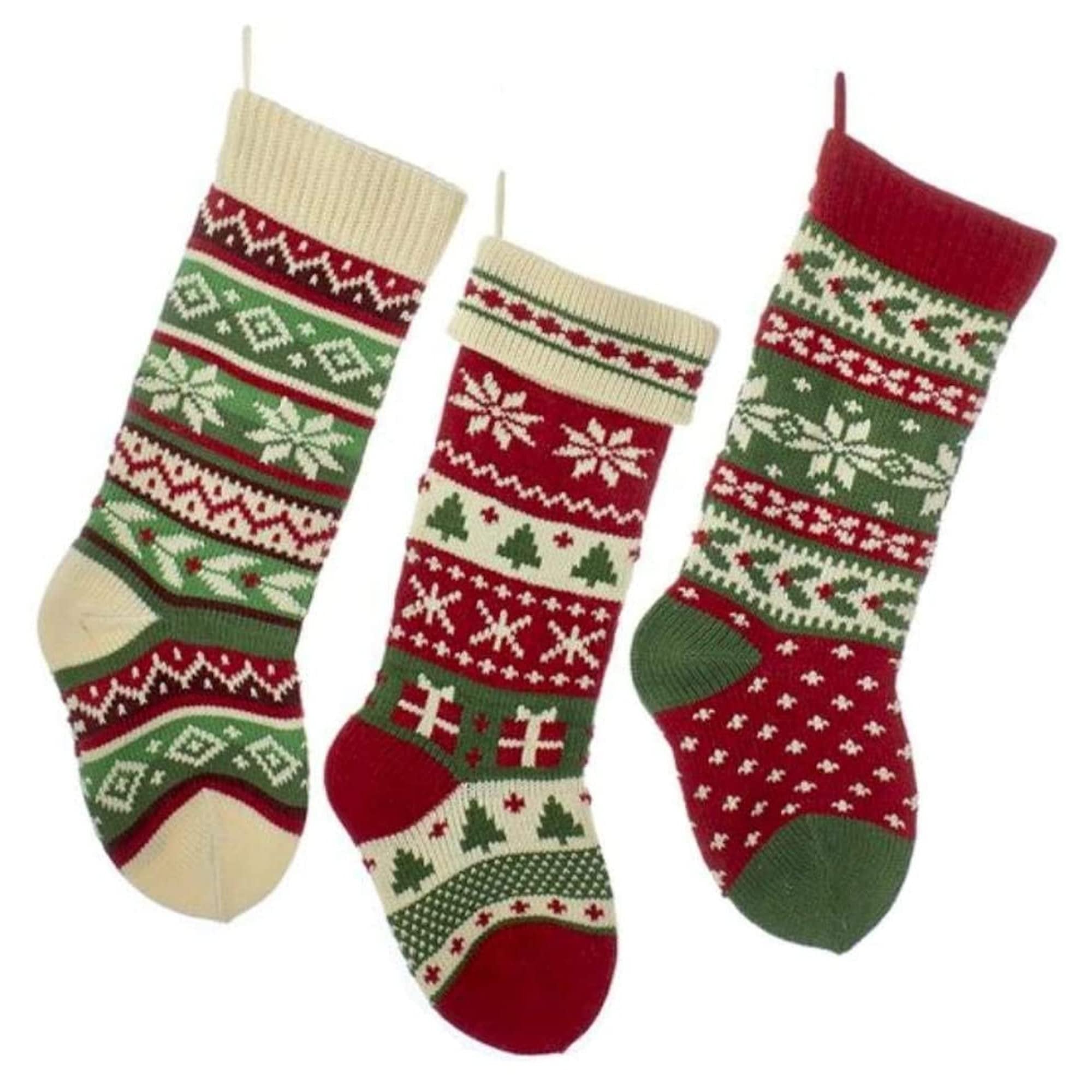 Kurt S. Adler 20" Heavy Knit Snowflake and Christmas Tree Stockings Set, 3 Assorted Red, Green, Ivory Holiday Stockings (B0680)