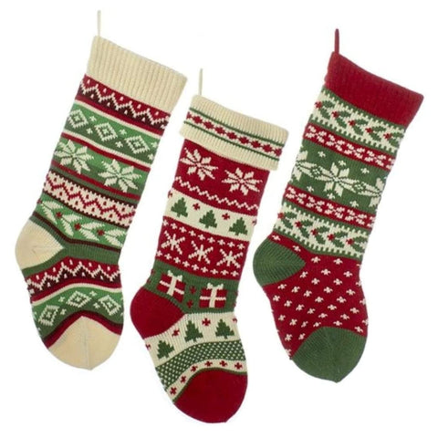 Kurt S. Adler 20" Heavy Knit Snowflake and Christmas Tree Stockings Set, 3 Assorted Red, Green, Ivory Holiday Stockings (B0680)