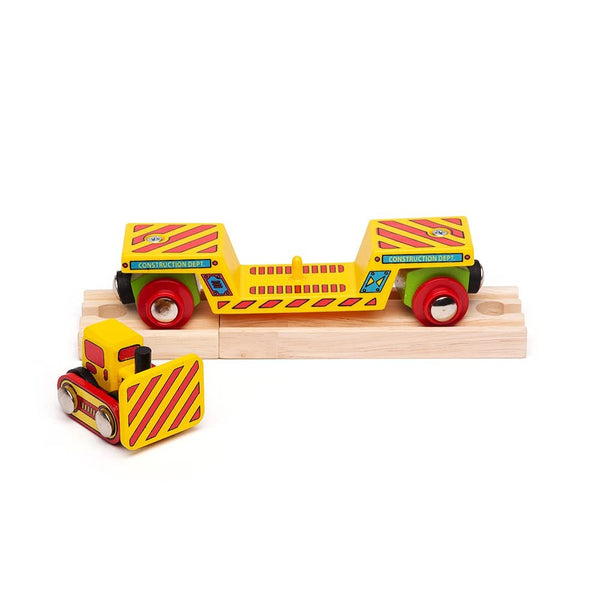 Bigjigs Rail Wooden Bulldozer Low Loader Train Car - Magnetic Construction Toy, Compatible with Most Major Wooden Railway Brands, Includes Detachable Bulldozer & Track Piece, Ages 3+