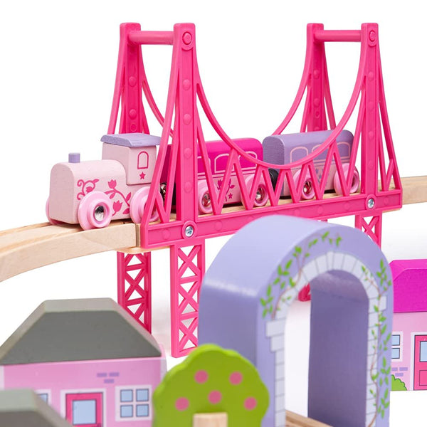 Bigjigs Rail Fairy Town Wooden Train Set | Railway Toy for Kids Age 3+ | Wood Track with Model Fairytale Village | Comes with Pink Wood Accessories & Figures | Educational Gift for Girls and Boys