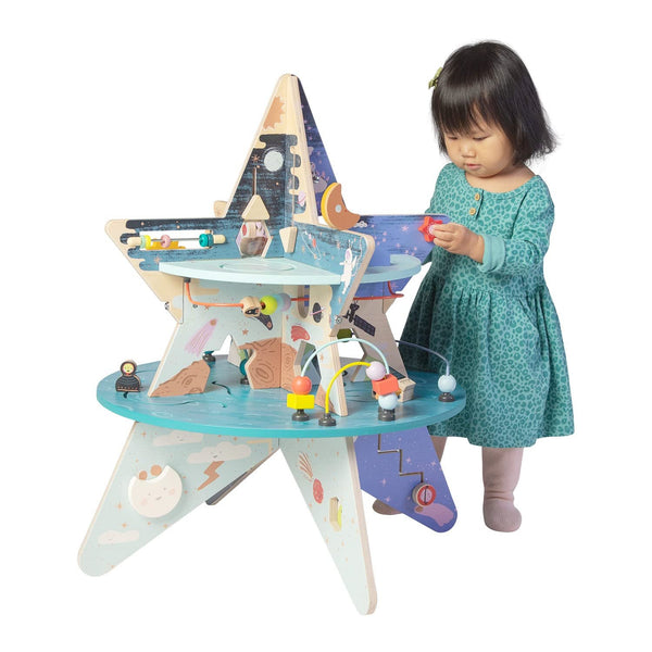 Manhattan Toy Celestial Star Explorer Double-Decker Wooden Activity Center with Shape Gliders, Spinners, Bead Runs and Alluring Artwork