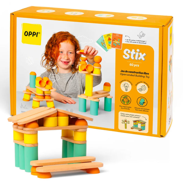 OPPI Stix 60 Pcs Wooden Blocks – Durable Natural Wood Building Blocks for Toddlers & Kids (Ages 2–12) – Open-Ended Creativity, Stacking & Construction Set for Early Learning and STEM Skill Development