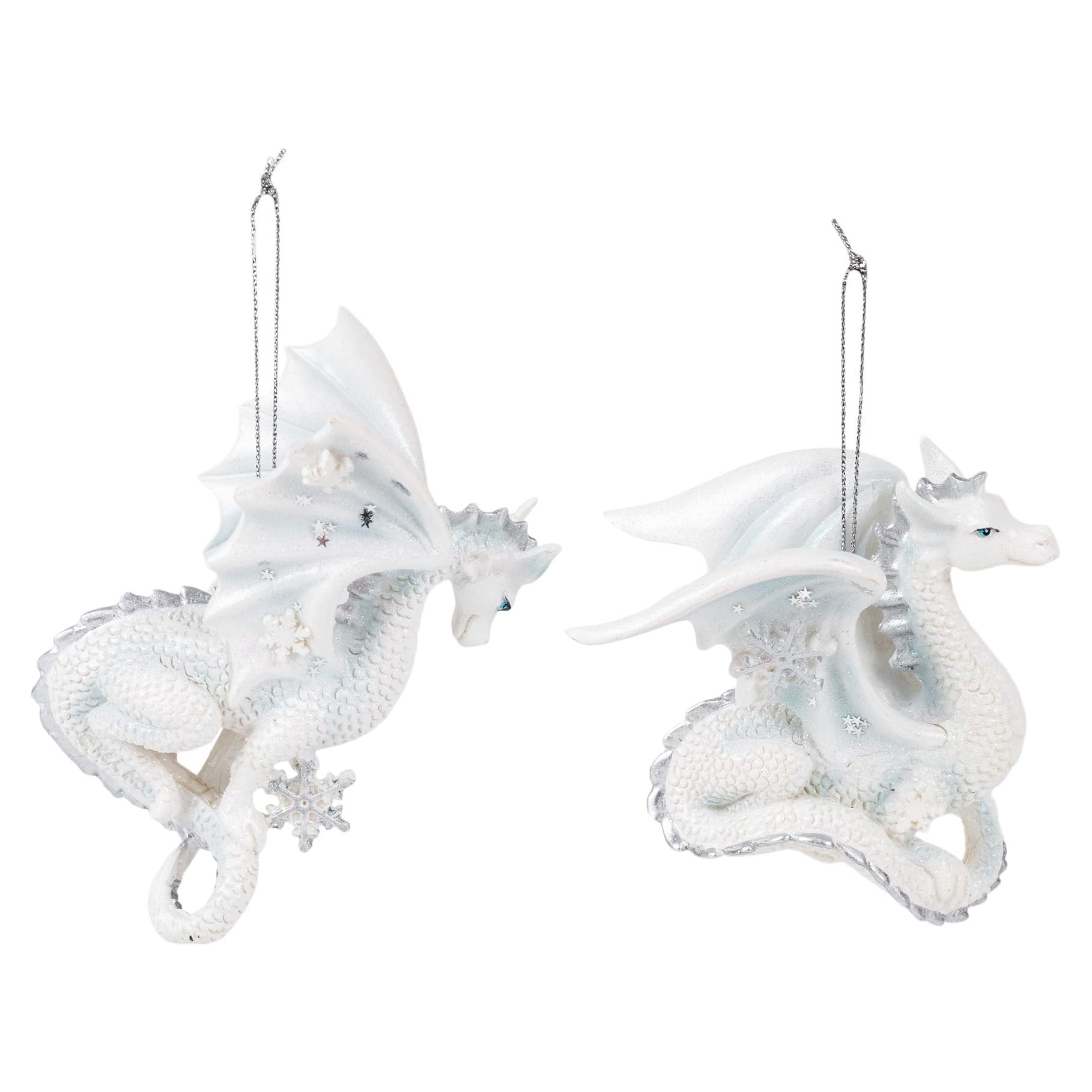 Kurt Adler Silver and White Snowflake Dragon Ornaments Set of 2 New Christmas, 4.5in
