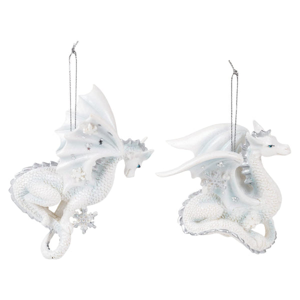 Kurt Adler Silver and White Snowflake Dragon Ornaments Set of 2 New Christmas, 4.5in