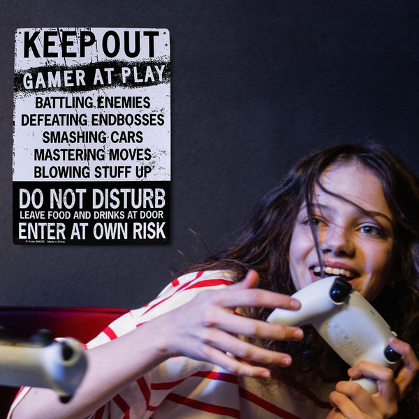 Keep Out Gamer At Play Metal Sign - Easy-to-Hang Wall Decor - Fun Tin Signs for Man Cave - Metal Dorm Room Decorations, Garage Signs, and Man Cave Signs
