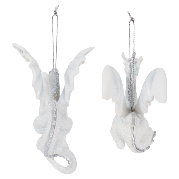 Kurt Adler Silver and White Snowflake Dragon Ornaments Set of 2 New Christmas, 4.5in