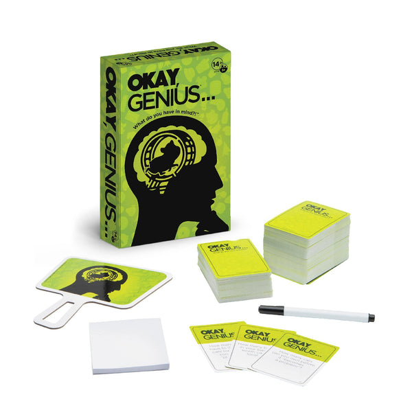 PlayMonster Okay, Genius… What Do You Have in Mind?! – Share Your Opinions on Ridiculous Topics, Funny Family & Friends Party Card Game, 3+ Players, Ages 14+, Includes 300 Prompt Cards & Dry-Erase Board