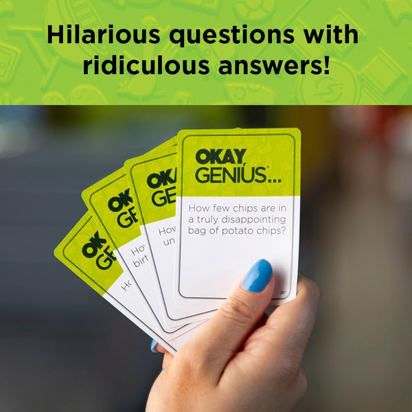 PlayMonster Okay, Genius… What Do You Have in Mind?! – Share Your Opinions on Ridiculous Topics, Funny Family & Friends Party Card Game, 3+ Players, Ages 14+, Includes 300 Prompt Cards & Dry-Erase Board