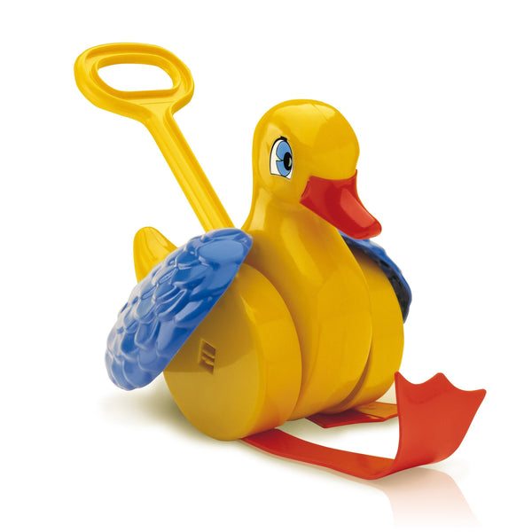 Quercetti Quack & Flap Duck Push Toy for Toddlers – Flapping Wings & Quack Sounds, Push-Along Walker Toy for First Steps, Ages 1-3, Durable Yellow Plastic