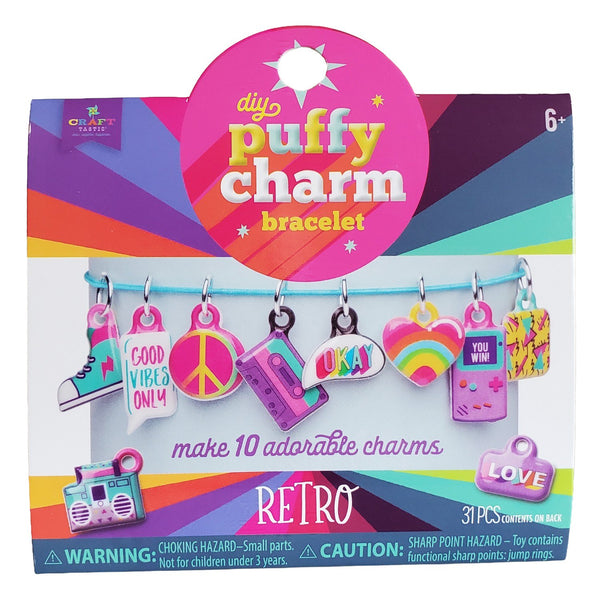 Craft-tastic DIY Puffy Charm Bracelet Retro - Kids Bracelet Making Kit, Make 10 Animal Charms, Arts and Crafts Activity, 31 Pieces, Ages 6+