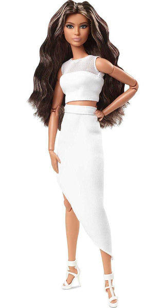 Barbie Signature Looks Doll (Brunette Wavy Hair) Fully Posable Fashion Doll Wearing White Skirt for Collectors