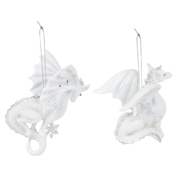 Kurt Adler Silver and White Snowflake Dragon Ornaments Set of 2 New Christmas, 4.5in
