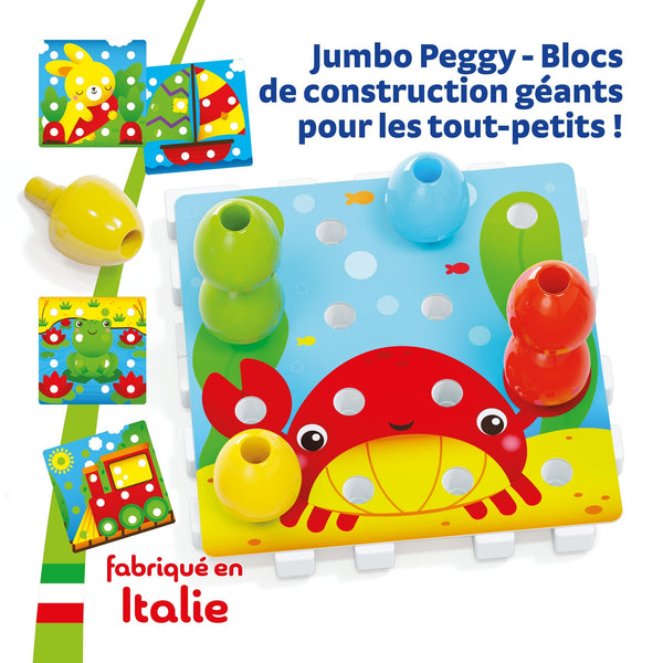 Quercetti Jumbo Peggy Small – Educational Stacking Peg Toy for Toddlers | 20-Piece Set with Illustrated Cards & Linking Boards | Fine Motor Skills & Color Recognition for Kids Age 2+