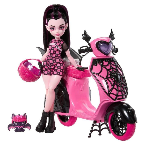 Monster High Draculaura Vamptastic Scooter Doll & Vehicle Playset - 10.5" Fashion Doll with Matching Helmets, Rolling Scooter with Kickstand & Basket, Includes Count Fabulous Pet Bat, Ages 4+