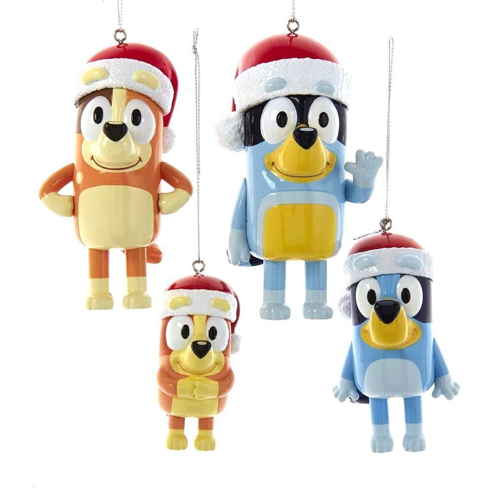Kurt S. Adler Bluey & Family 4-Piece Christmas Ornament Set – Officially Licensed Bluey, Bingo, Chilli & Bandit with Santa Hats – Holiday Tree Decoration Gift for Kids, Fans & Collectors