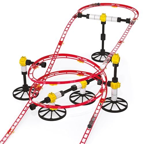 Quercetti Roller Coaster mini rail Set -150pc, 8 meters, Kids ages 6-12, Building Blocks for Marbles Game Maze Tracks , Red