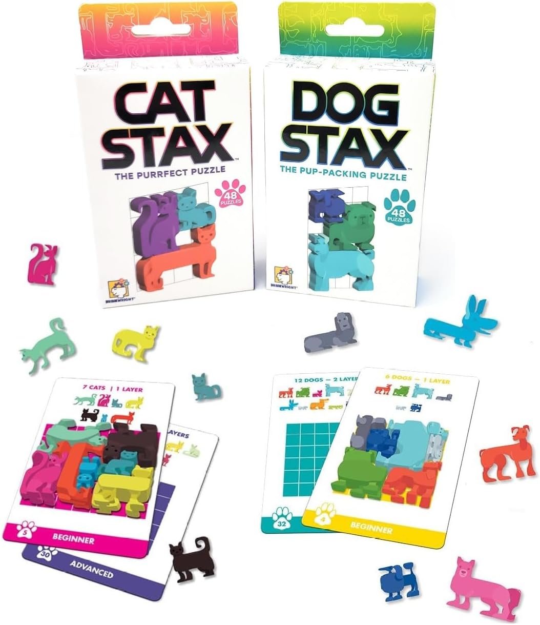 Brainwright Cat STAX The Purrfect Puzzle and Dog STAX The Pup-Packing Puzzle Gift Set (2 Puzzles)